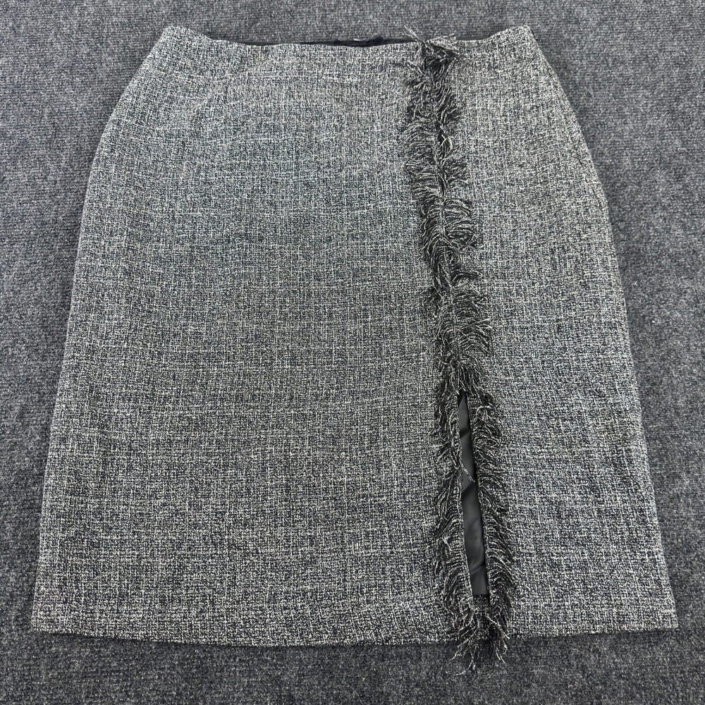 Chadwicks Gray Tweed Fringe Trim Pencil Skirt Size 12 Side Slit Professional